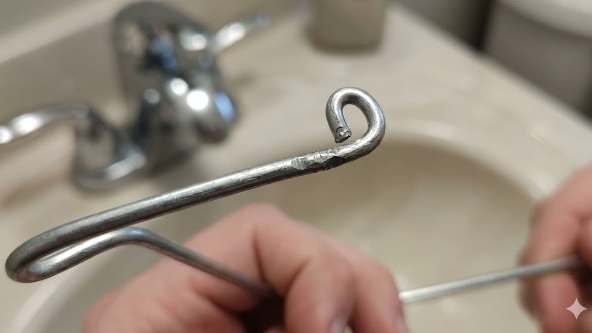 A wire coat hanger bent into a small hook for DIY drain cleaning.