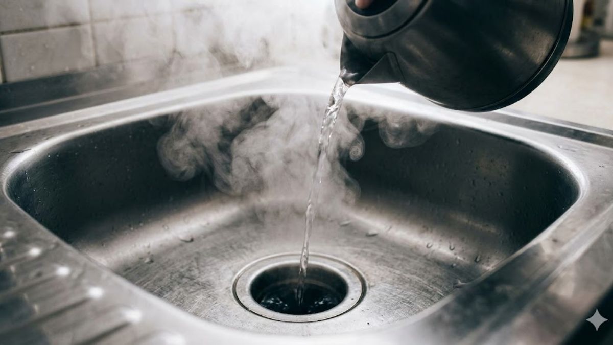 Steaming hot water being poured into a metal kitchen sink drain.