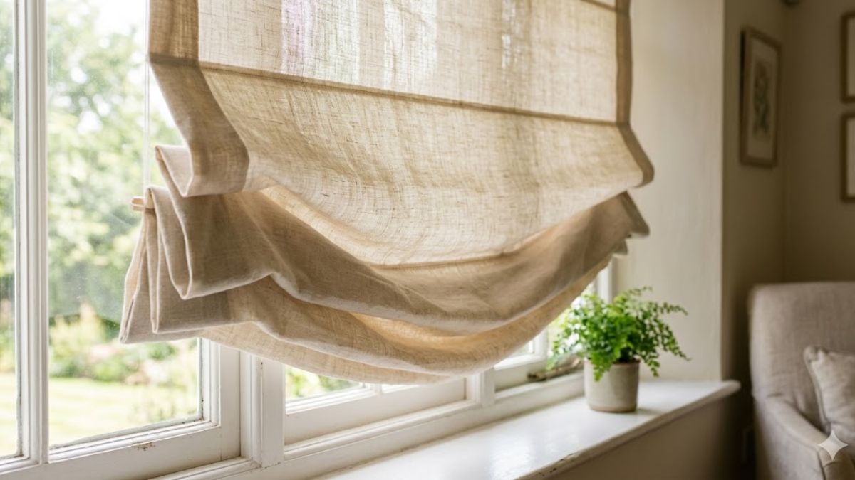 Soft fold linen Roman shades for modern window treatment.