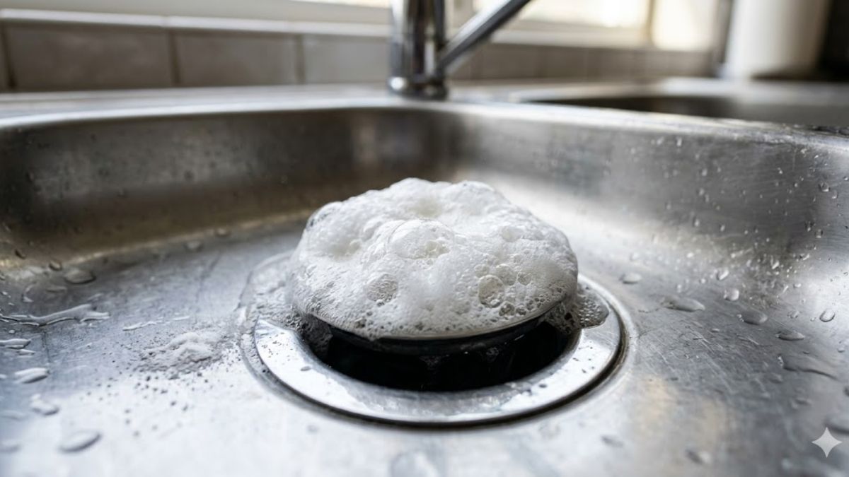 Baking soda and vinegar fizzing reaction inside a clogged drain.