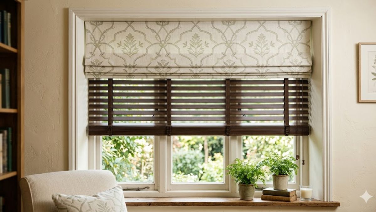 Layering wood blinds with Roman shades for visual depth.