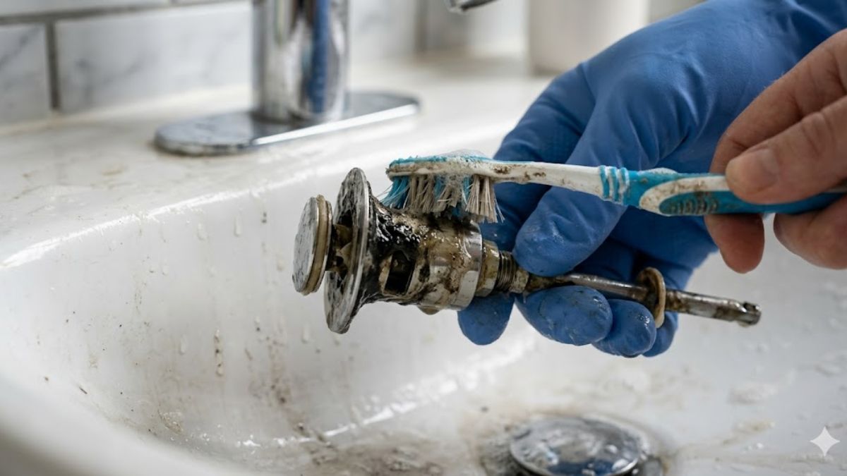 Scrubbing black slime and biofilm off a sink pop-up stopper.