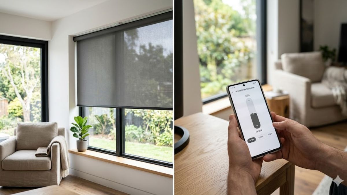 Smart motorized window blinds controlled by smartphone.
