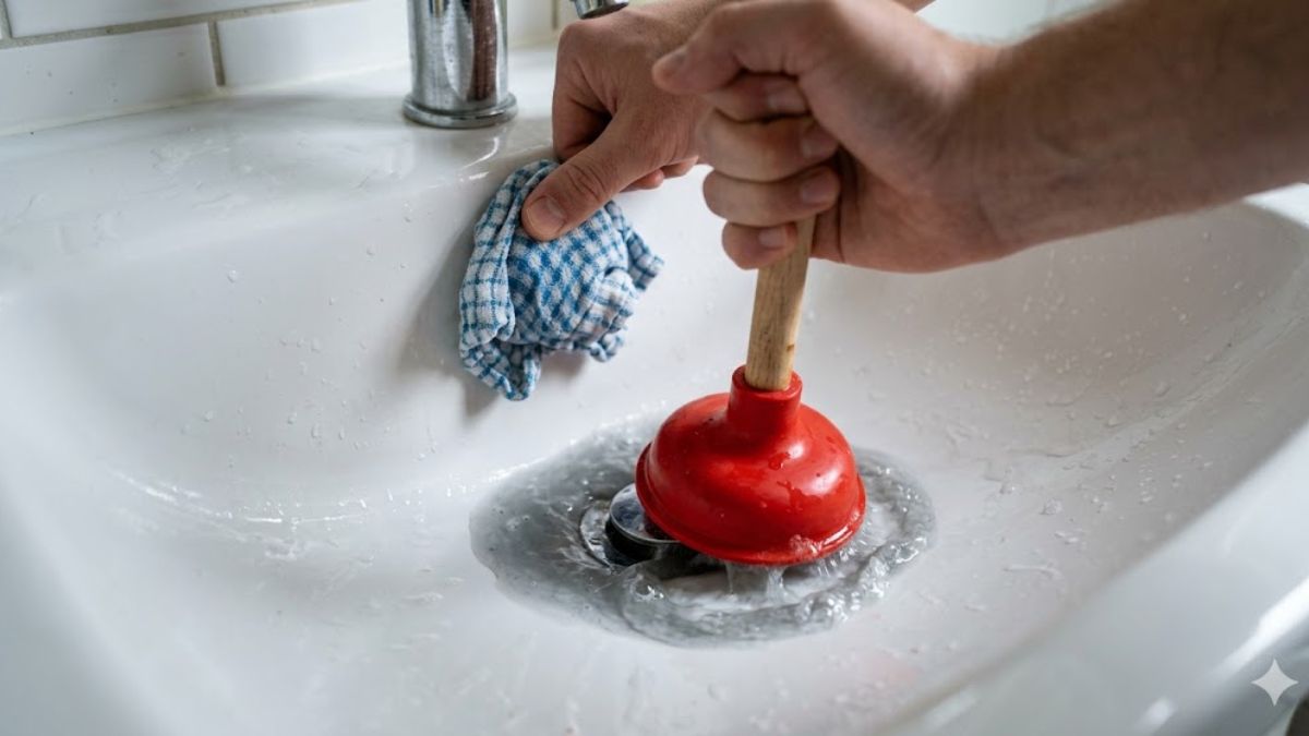 Red sink plunger in use with a wet rag covering the overflow hole.