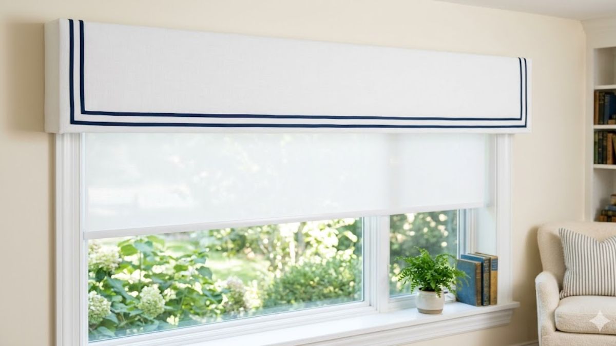 Modern architectural window valence with contrast trim.