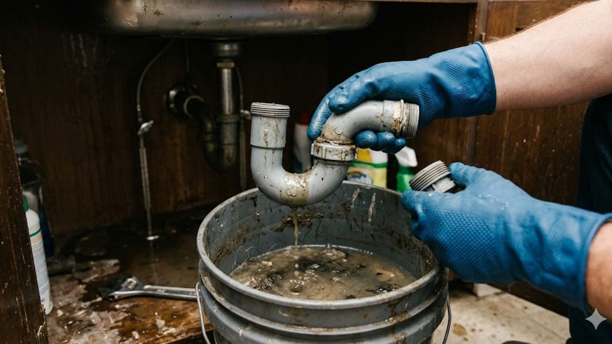 Taking apart the P-trap to fix a slow draining sink.