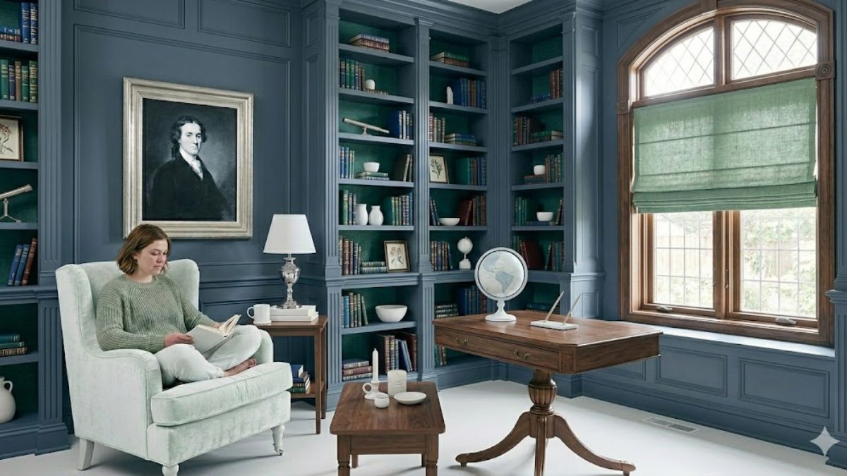 Color drenching trend with matching walls and window shades.