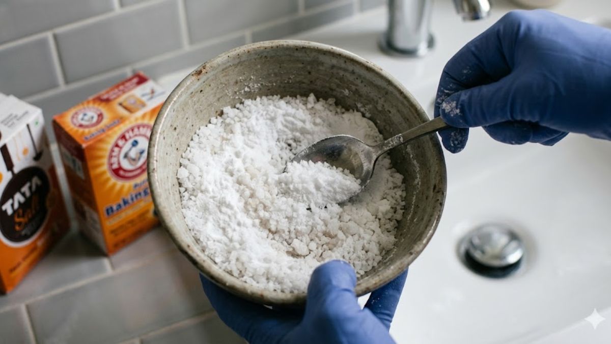 Salt and baking soda scrub to fix a slow draining sink.