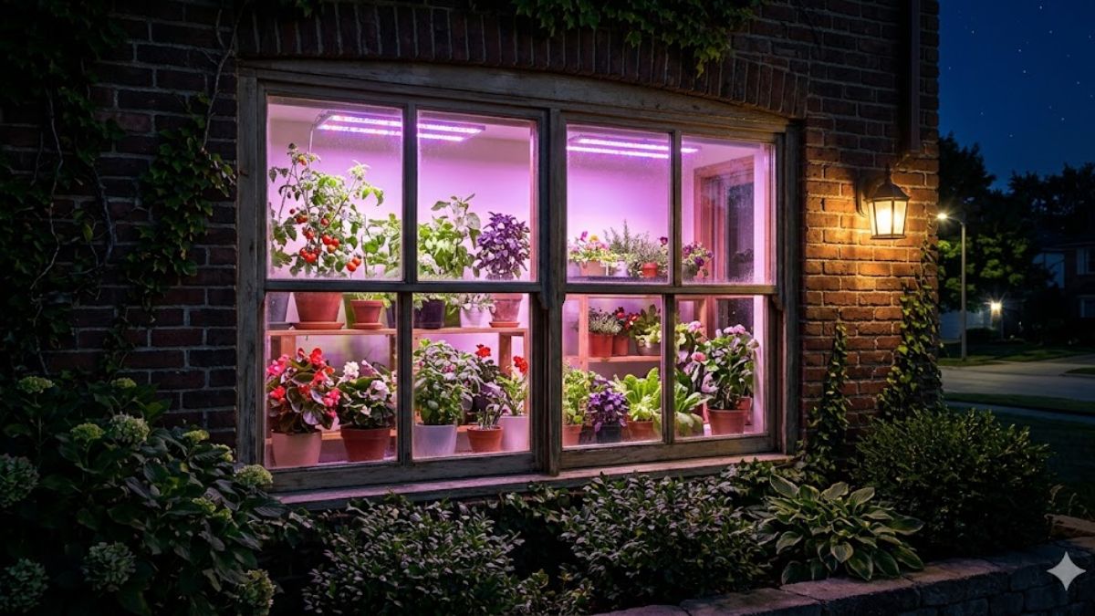 Purple neon glow from indoor grow lights in a home window