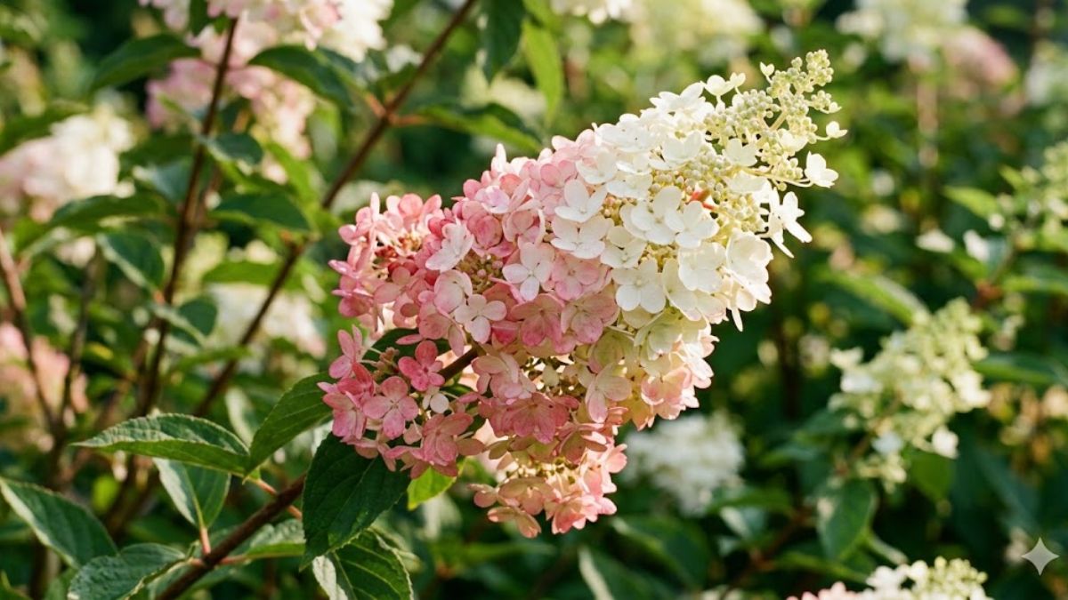Close-up of a Strawberry Sundae Hydrangea bloom transitioning from white to pink.