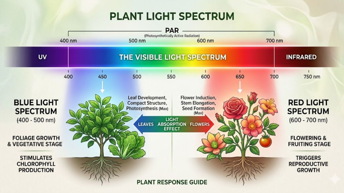 Plant light spectrum chart showing blue and red light absorption