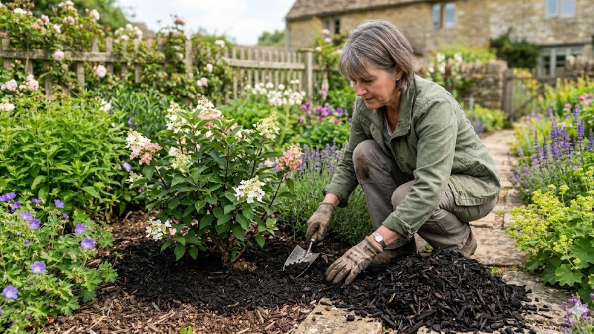 Gardener spreading dark organic mulch around a plant base to keep soil moist.