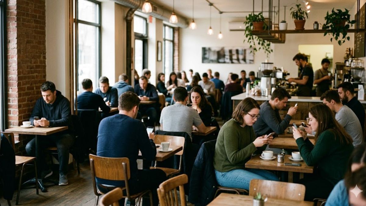 People sitting in a cafe using phones instead of talking to each other.