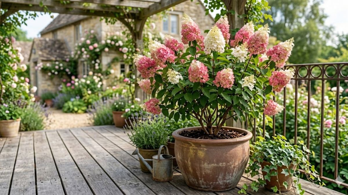Strawberry Sundae hydrangea growing in a large decorative container on a patio.