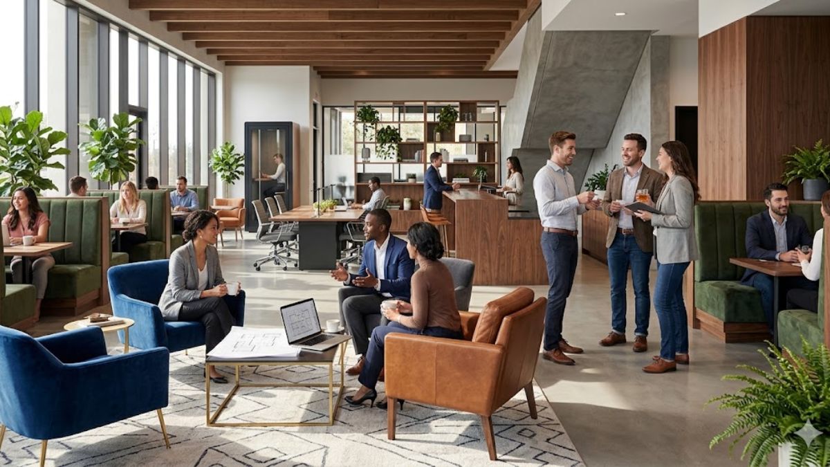 A high-end modern social club lounge for professional networking.