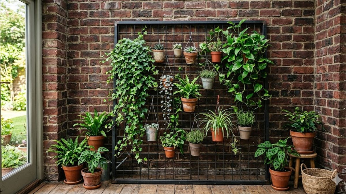Vertical garden grid against exposed brick interior