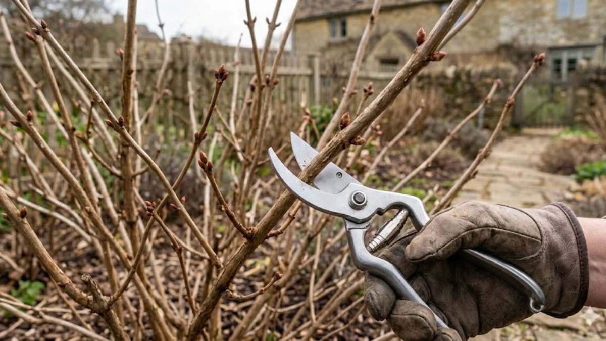 Sharp garden shears trimming back dormant woody stems in late winter.