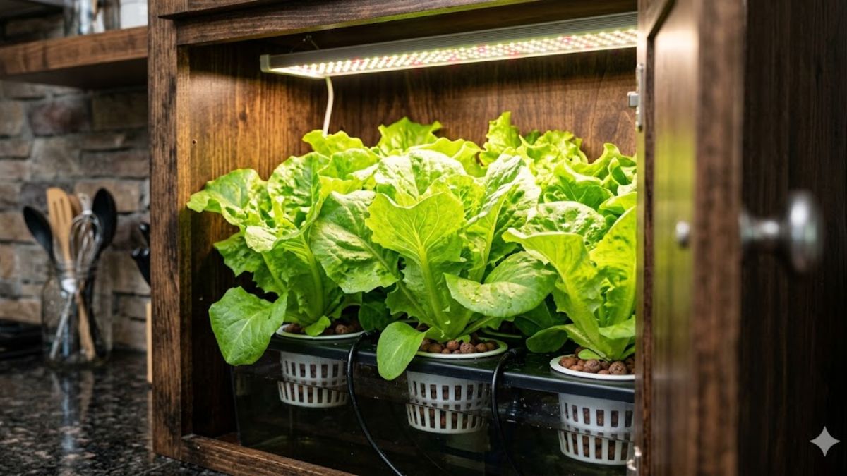 A vibrant green lettuce thriving in an indoor hydroponic garden inside a dark wood kitchen cabinet.