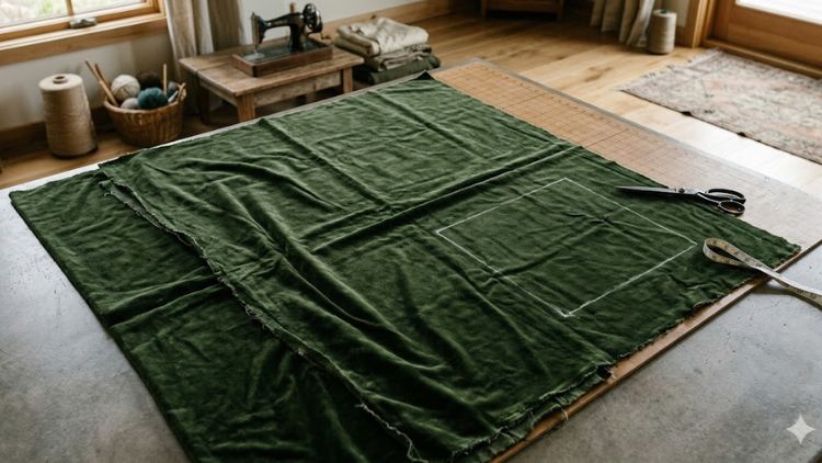 An old velvet curtain being repurposed into a DIY pillow cover.