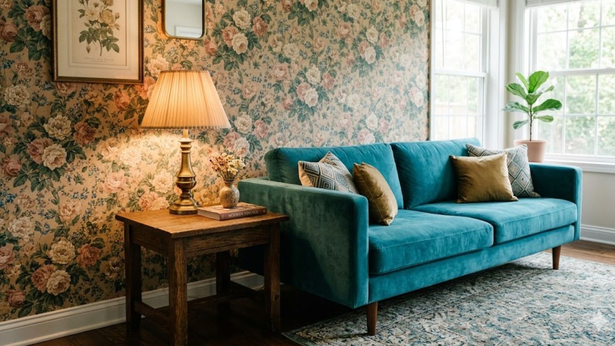 Grandmillennial style living room with floral wallpaper and a modern velvet sofa.