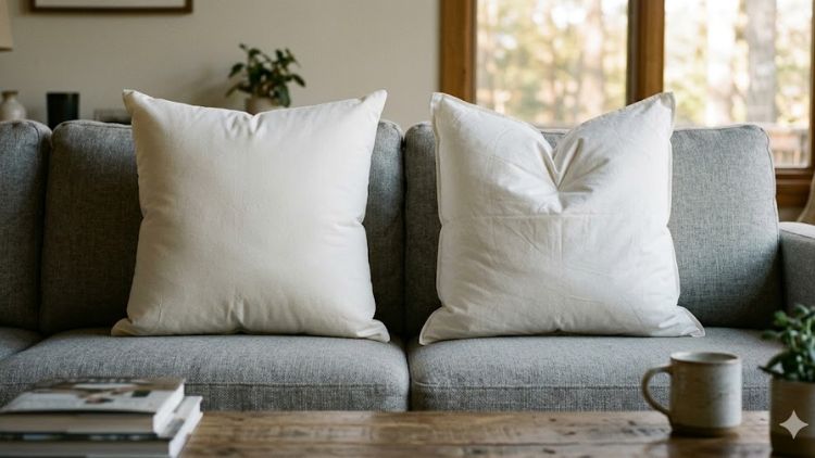 Comparing a polyester insert (left) vs a feather insert with a designer chop (right).