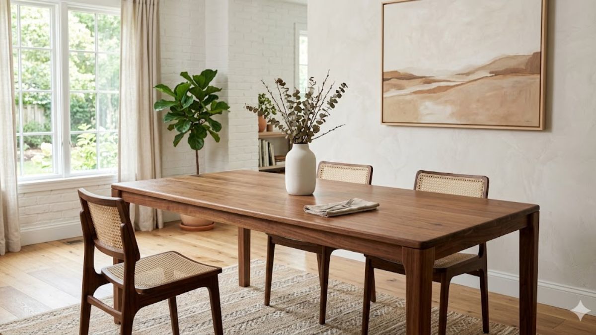 Dark walnut wood furniture in a modern home setting.