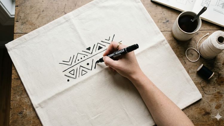 A hand drawing a geometric mudcloth pattern on a cotton pillowcase.