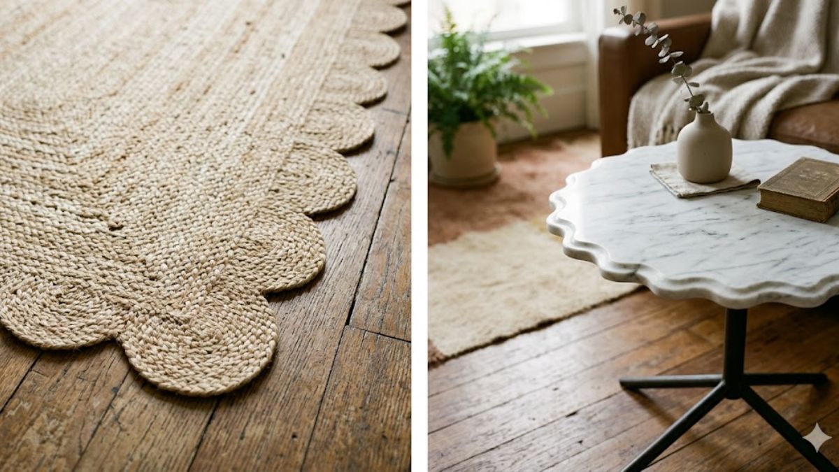 Scalloped edge home decor details on a rug and side table.