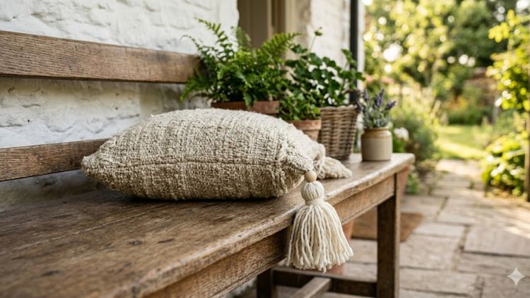A DIY textured pillow featuring a large handmade yarn tassel on the corner.