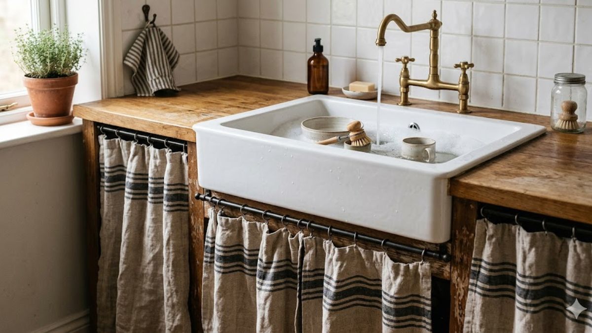 DIY kitchen sink skirt vintage home trend for a cozy cottage look.