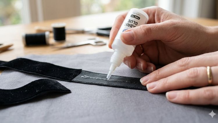 Using fabric glue to attach velvet ribbon as a border on a plain decorative pillow.