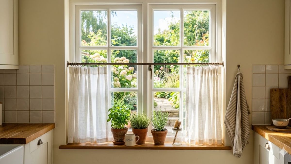 White café curtains on a kitchen window for privacy and natural light.