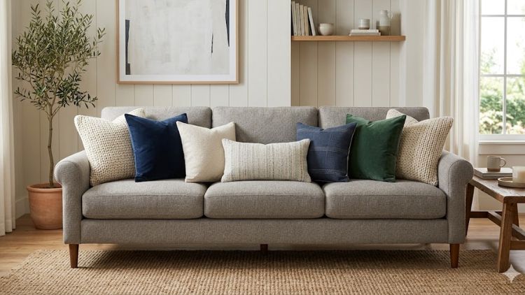 A well-styled gray sofa following the 2-2-1 pillow arrangement with varied textures.