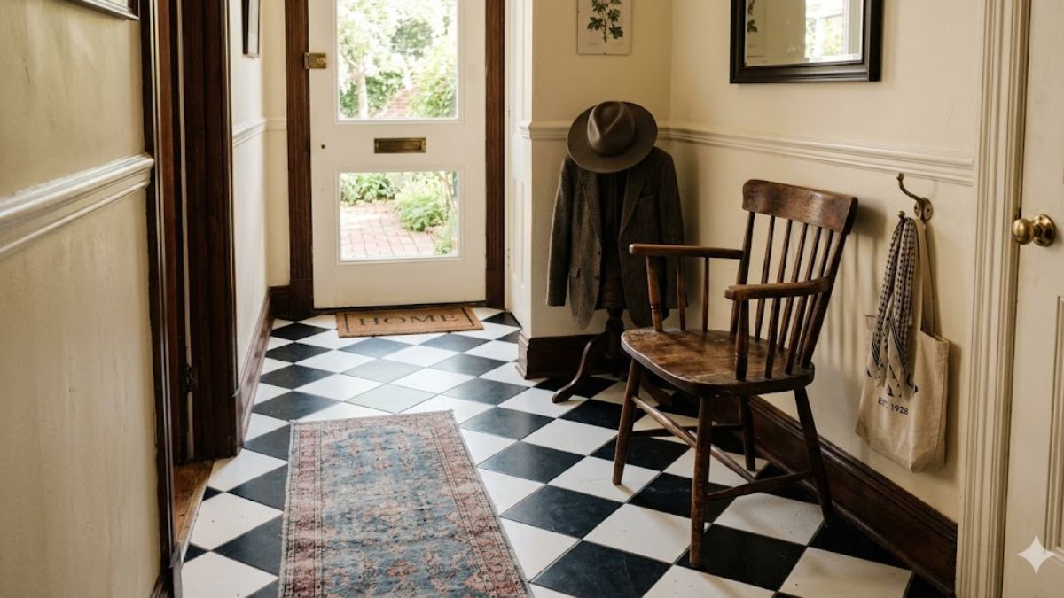 Classic black and white checkerboard tile flooring in a vintage-style entryway.