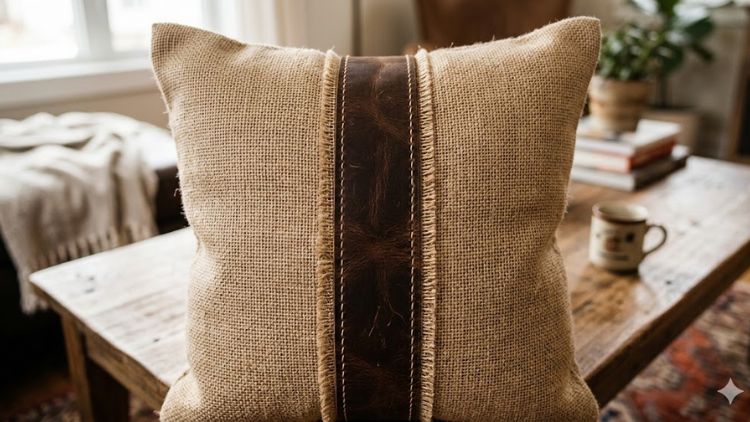 A close-up of a DIY pillow featuring a central vertical strip of upcycled brown leather.