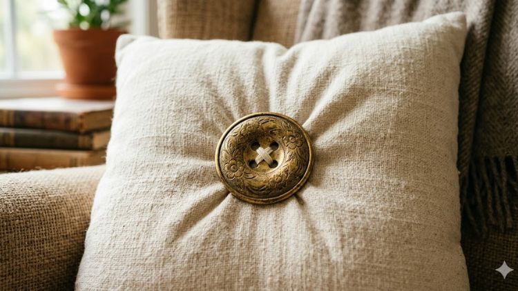 A detailed shot of a DIY tufted pillow with a large vintage-gold button.