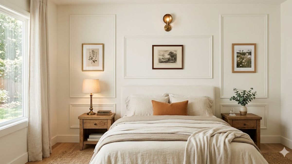 DIY picture frame molding on a living room wall for a luxury estate look.