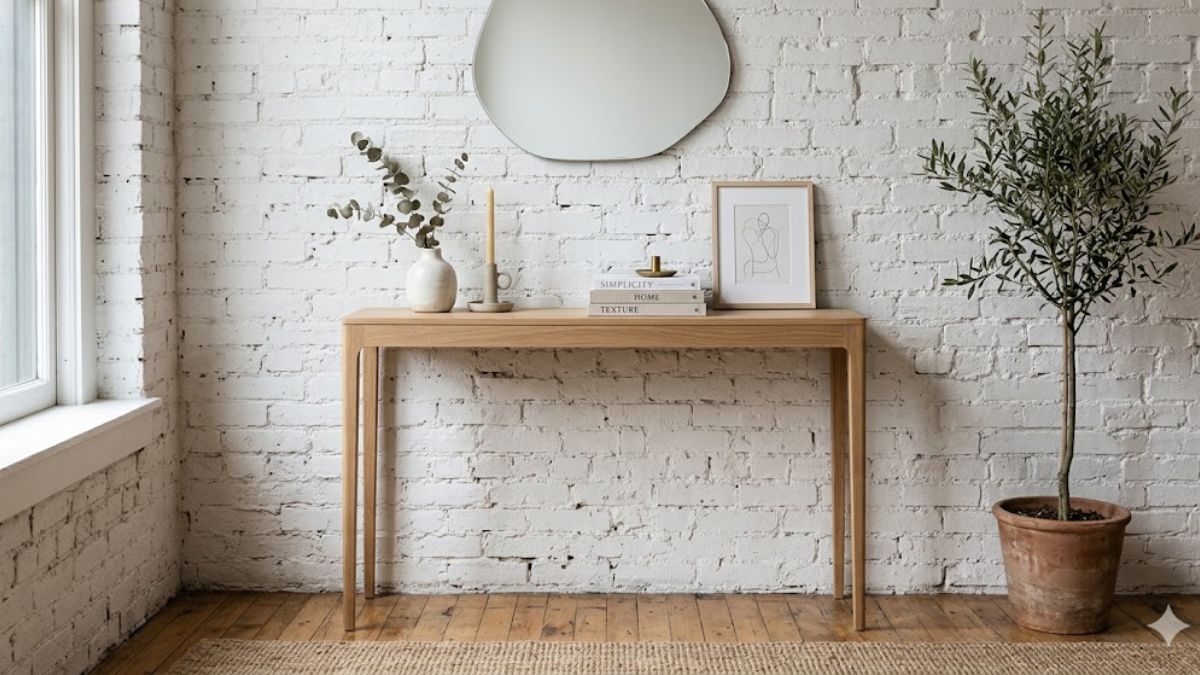 Slim console table styling for brick wall design