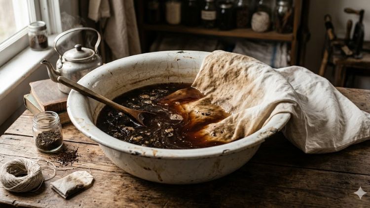 A white cotton pillowcase being soaked in a strong tea bath for natural dyeing.