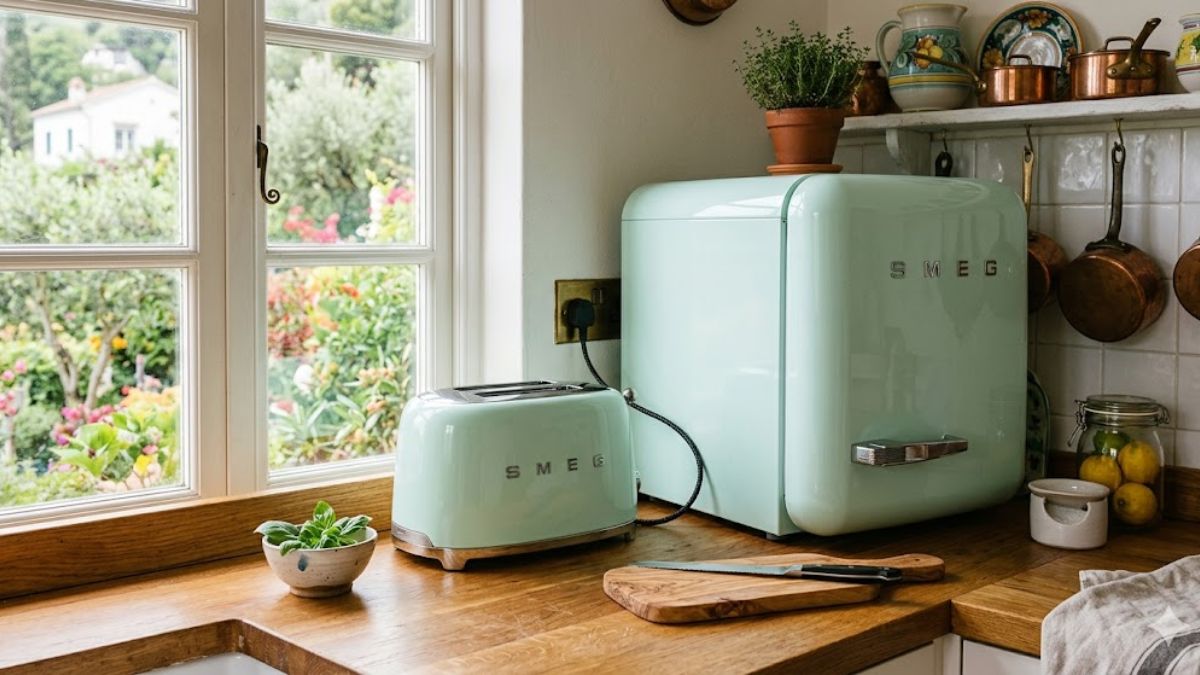 Pastel mint green retro kitchen appliances on a wooden counter.