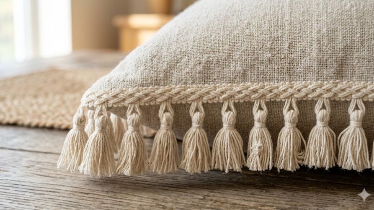 Using fringe trim to hide a messy seam on a DIY pillow cover.