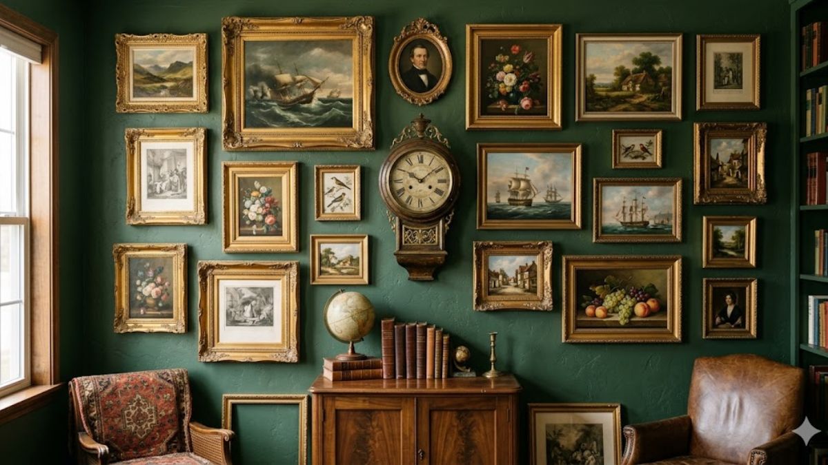 Vintage gallery wall with mismatched gold frames and antique oil paintings.