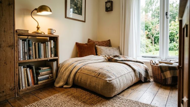 A large, overstuffed DIY floor pillow made from upcycled bed pillows.