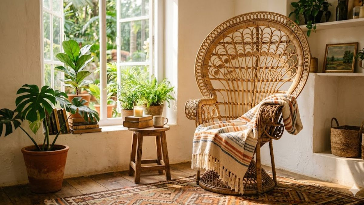 Vintage rattan chair with a boho throw blanket in a cozy corner.