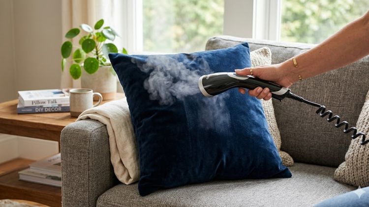 Steaming a velvet decorative pillow to remove wrinkles.