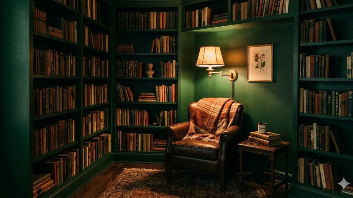 Deep forest green walls in a cozy room with jewel-tone paint.