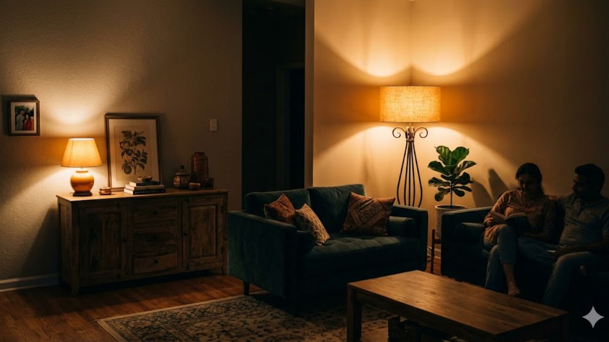 Layered mood lighting in a living room using floor and table lamps.