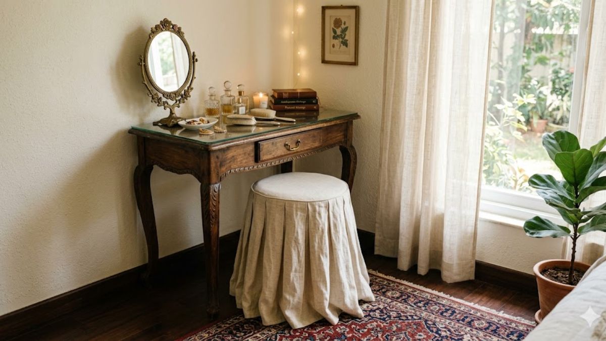 Skirted vanity stool with pleated fabric for a high-end traditional home decor look.