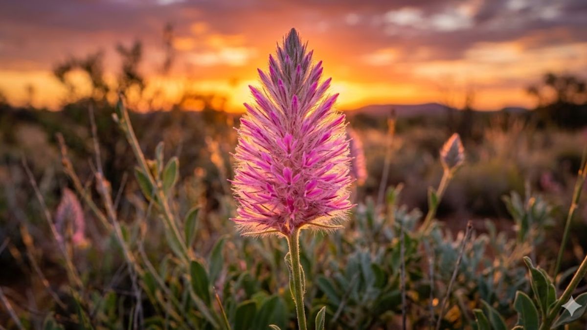 Close-up of Ptilotus exaltatus Pink Mulla Mulla feathery flowers in a garden.