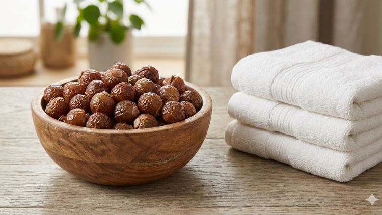 Dried soapberry shells in a wooden bowl for natural laundry